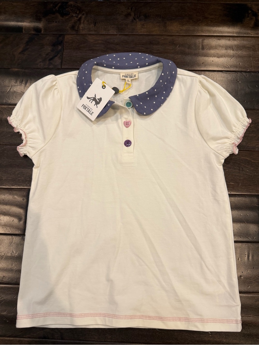 White Polo Top with Navy Polka Dot Collar - Kids